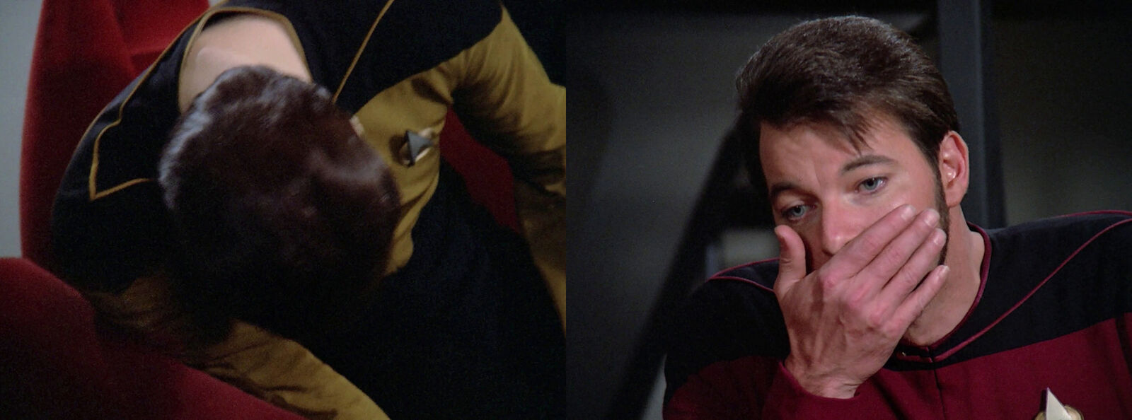 Data slumped over the hearing table after Riker switches him off, and Riker with his hand over his mouth.