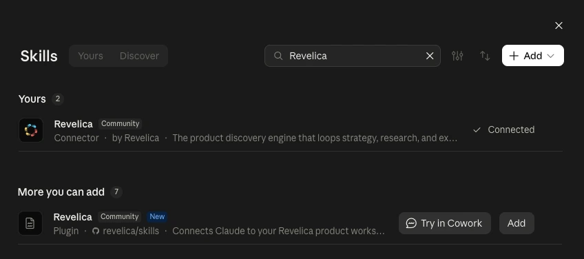 Claude's Skills settings showing the Revelica Connector and the Revelica Plugin in Discover
