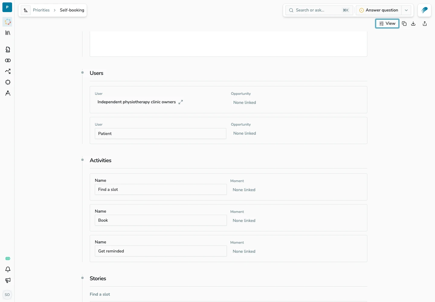 The same story map displayed as an editable spec document