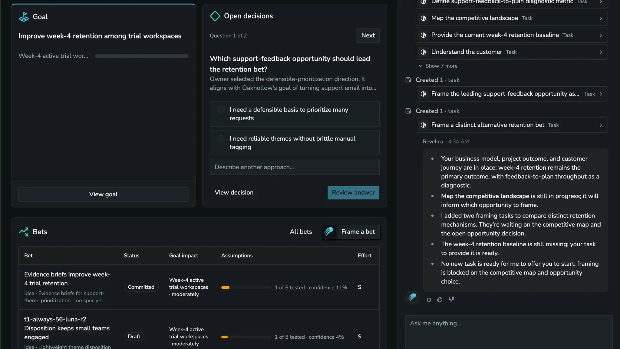 The Revelica Canvas: the agent planning work toward the goal, a bet's riskiest assumptions, a competitive coverage matrix, a customer journey and a story map
