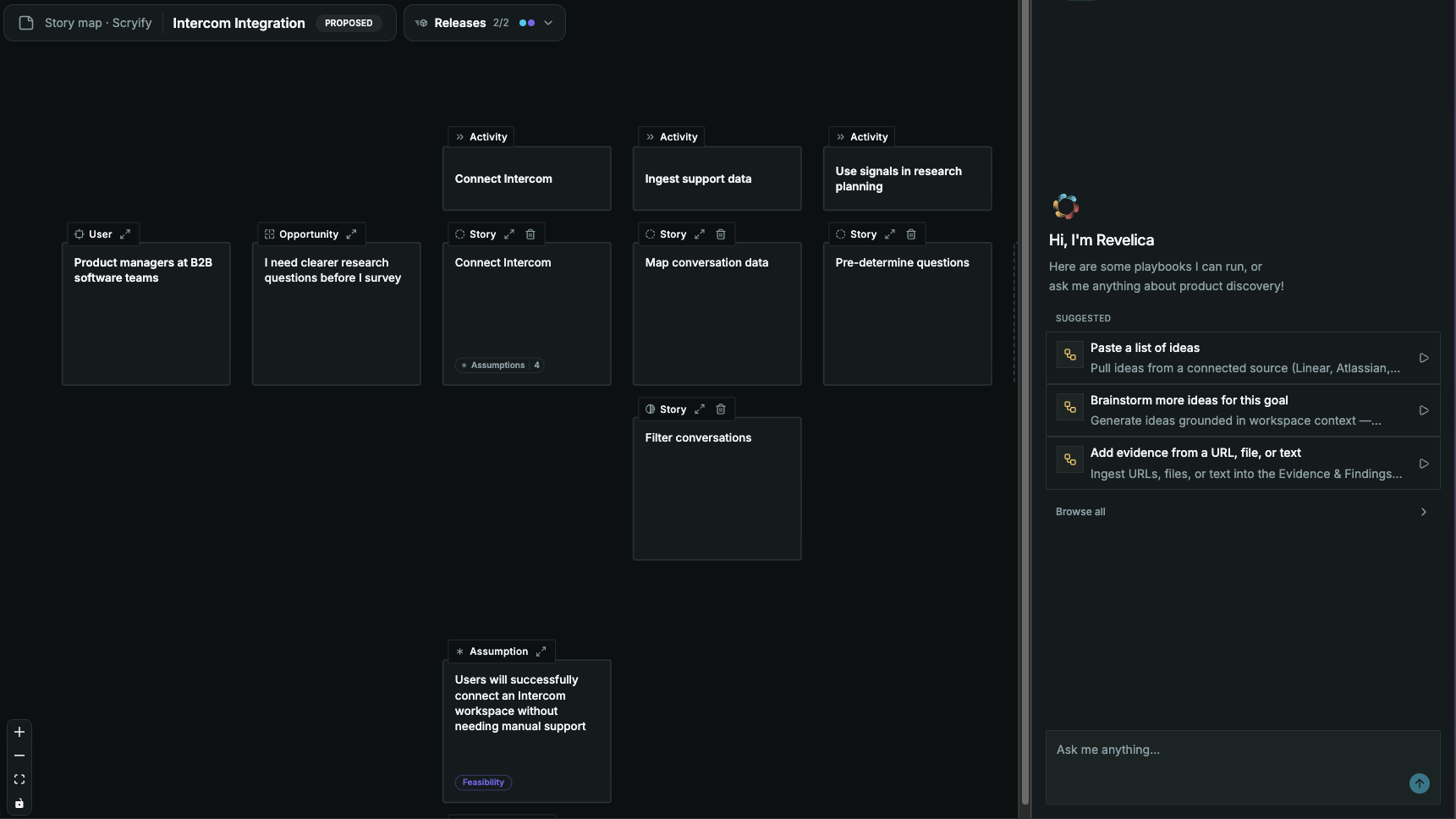 Revelica canvas: a user story map with the agent panel open